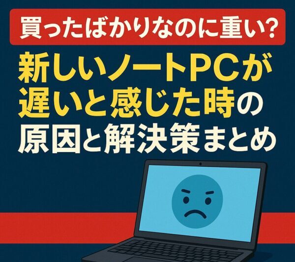 新品のPCを買ったばかりなのに動作が重いと悩むユーザー向けに、原因と対処法をまとめたトラブル対策ガイドのイメージ
