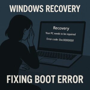 A person looks worried while sitting in front of a laptop showing the Windows error code 0xc000000f on a dark blue screen, with the text "Windows Recovery" and "Fixing Boot Error" displayed above and below.