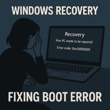 A person looks worried while sitting in front of a laptop showing the Windows error code 0xc000000f on a dark blue screen, with the text "Windows Recovery" and "Fixing Boot Error" displayed above and below.
