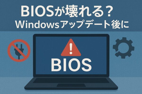 BIOSが壊れる？Windowsアップデート後に」と警告する画面を表示したノートPCのイラスト。赤い警告マークと“BIOS”の文字、左に電源禁止マーク、右に壊れた歯車のアイコンが描かれ、アップデート後の不具合を表現している。