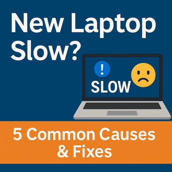 A 2D digital graphic showing a laptop with the word “SLOW” on the screen and the headline “New Laptop Slow?” above it, designed as a visual guide for troubleshooting performance issues in new laptops.