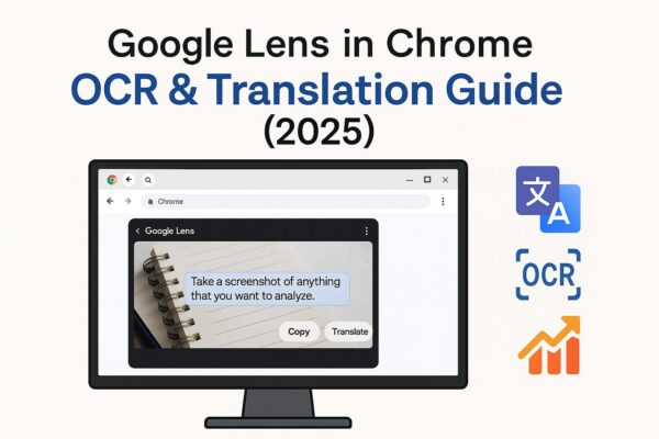 How to Use Google Lens in Chrome: OCR, Translation, and Productivity Tips (2025 Edition) 1 A computer screen displaying Google Lens inside the Chrome browser, highlighting OCR and translation tools with icons for text recognition, language translation, and productivity. Text overlay reads: “Google Lens in Chrome: OCR & Translation Guide (2025)”.