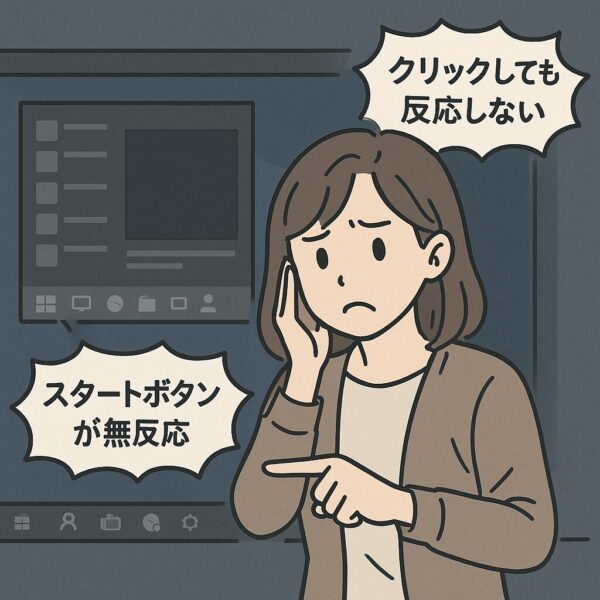 Windowsのスタートメニューやタスクバーが反応せず、困っている女性ユーザーのイラスト。クリックしても無反応なPC画面が描かれている。