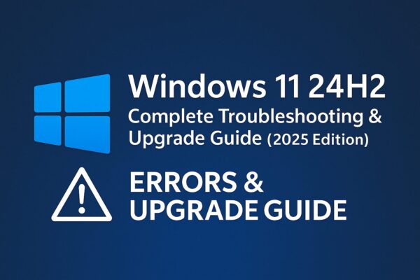 Windows 11 24H2 Update: Complete Troubleshooting & Upgrade Guide (2025 Edition) 1 Promotional image for a 2025 guide on Windows 11 24H2 errors and upgrades. Features the Windows logo, bold text saying "Complete Troubleshooting & Upgrade Guide", and a warning icon for errors.