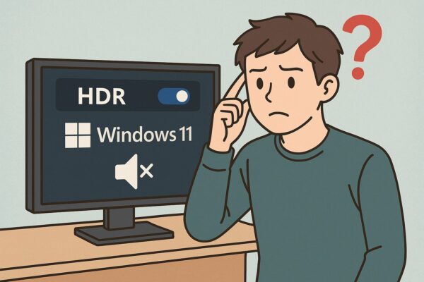Illustration showing a user confused by audio not working while HDR is enabled on Windows 11. Represents HDR-related sound trouble and how to fix it.
