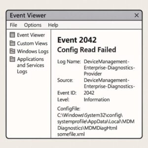 【2025年版】Windowsのイベントログに出る謎エラー「Config Read Failed」を徹底解説 1 Windowsのイベントビューアーに表示された「Event 2042: Config Read Failed」の画面を示すイラスト。ファイルパスやログの詳細が見やすく記載された構成で、エラーの概要を直感的に伝えるデザイン。