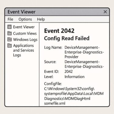 Windowsのイベントビューアーに表示された「Event 2042: Config Read Failed」の画面を示すイラスト。ファイルパスやログの詳細が見やすく記載された構成で、エラーの概要を直感的に伝えるデザイン。