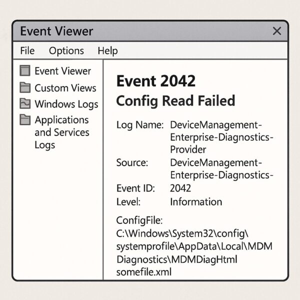 Windowsのイベントビューアーに表示された「Event 2042: Config Read Failed」の画面を示すイラスト。ファイルパスやログの詳細が見やすく記載された構成で、エラーの概要を直感的に伝えるデザイン。