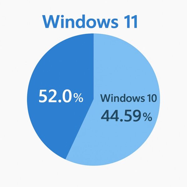 Windows 11が52%、Windows 10が44.59%を示す円グラフ。白背景に青系配色でシンプルに構成された市場シェアのビジュアル