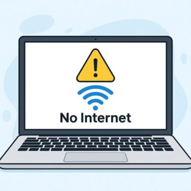 A laptop screen displaying a “No Internet” message with a yellow warning triangle and blue Wi-Fi symbol, illustrating a common connectivity issue.