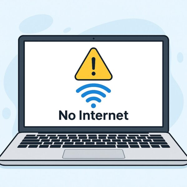 A laptop screen displaying a “No Internet” message with a yellow warning triangle and blue Wi-Fi symbol, illustrating a common connectivity issue.