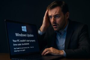 Windows Update適用後にエラー0xc0000098が表示され、起動不能となったノートPCと困惑する男性エンジニアのイメージ