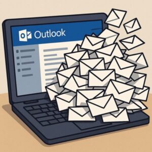 【Outlookが壊れた?】大量メールで受信できない・同期しない時の対処法|2025年7月最新版 1 Outlookの受信トレイから大量のメールがあふれ出している様子を描いたイラスト。ノートパソコンの画面にはOutlookのインターフェースが表示され、白い封筒アイコンが山積みに。