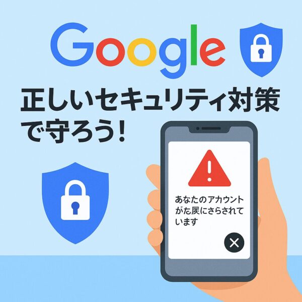 背景にGoogleロゴやセキュリティアイコン（鍵マークや盾）中央に「正しいセキュリティ対策で守ろう！」というメッセージ。