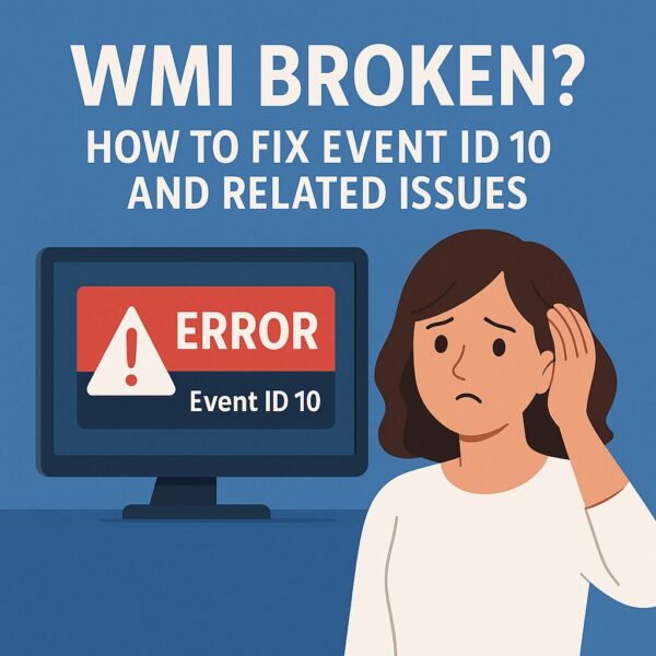 A confused woman next to a PC displaying a “WMI Error: Event ID 10” warning, with the headline “WMI BROKEN?” on a blue background.