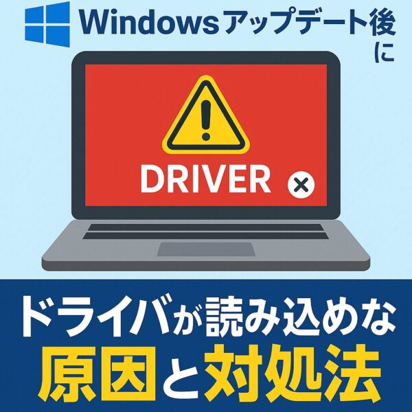 Windowsアップデート後にドライバが読み込めないエラーを示す警告画面と対処法を案内するイラスト