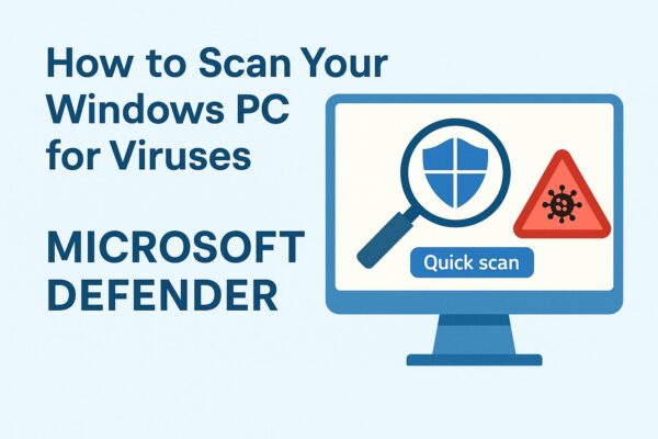 Beginner’s Guide to Microsoft Defender: Scan Your PC and Stay Safe (2025 Edition) 1 Illustration showing how to scan a Windows PC for viruses using Microsoft Defender. A computer screen displays a shield icon, a magnifying glass, a virus warning sign, and the words "Quick scan".