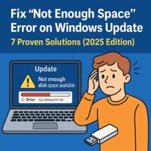 How to Fix “Not Enough Space to Update Windows”? 7 Easy Solutions (Updated July 2025) 1 A Windows laptop showing a warning for low disk space during update, with a USB flash drive nearby.
