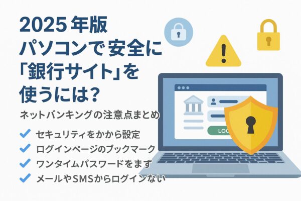 2025年版 パソコンで安全に銀行サイトを使うには？と書かれた説明画像。右側には銀行ログイン画面とセキュリティシールドのイラストが表示されている