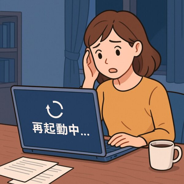 ノートパソコンが「再起動中…」と表示されており、困惑した表情で画面を見つめる女性のイラスト。夜の自宅デスクで、作業中に突然の再起動に戸惑っている様子。