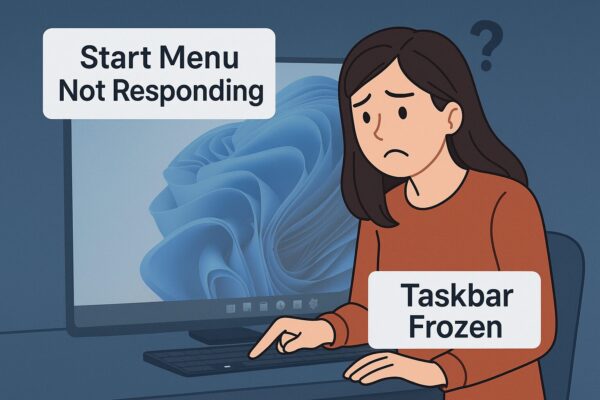 A Windows user looking frustrated as the Start menu and taskbar are unresponsive. The screen shows a frozen taskbar and non-functioning Start button.