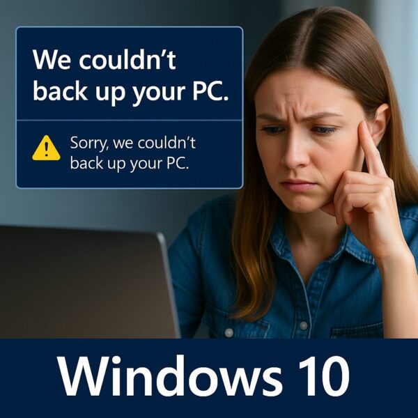 Windows 10 Backup Error: How to Fix ‘Sorry, We Couldn’t Back Up Your PC’ 1 A worried woman looking at her laptop screen displaying a Windows 10 error message: “We couldn’t back up your PC.” A yellow warning icon is shown next to the message. The bottom of the image features the text “Windows 10.