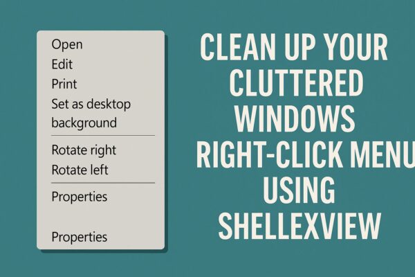 How to Clean Up a Cluttered Right-Click Menu Using ShellEXView (2025 Edition) 1 A tutorial graphic showing how to clean up the cluttered Windows right-click menu using ShellEXView. The image features a teal background, a sample context menu on the left, and bold white text on the right.