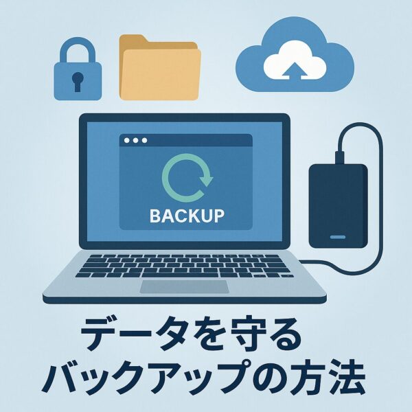 バックアップ中のパソコンと外付けHDD、クラウドストレージのイメージイラスト