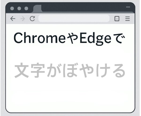 A digital illustration depicting a Chromium browser window with Japanese text appearing blurred, highlighting font rendering issues related to Yu Gothic and DPI settings.