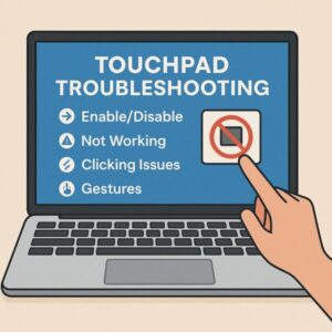 A silver laptop with a touchpad and a blue screen displaying “Touchpad Troubleshooting” in English, showing icons for enabling/disabling, not working, clicking issues, and gestures, with a hand pointing to a touchpad icon with a red mark.