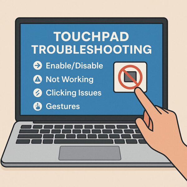 A silver laptop with a touchpad and a blue screen displaying “Touchpad Troubleshooting” in English, showing icons for enabling/disabling, not working, clicking issues, and gestures, with a hand pointing to a touchpad icon with a red mark.