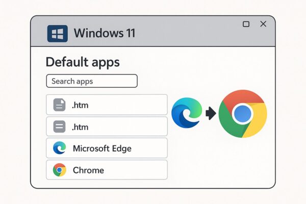 Illustration of a Windows 11 settings screen showing default apps, with a browser icon being switched from Microsoft Edge to Google Chrome.