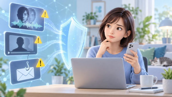 AIを悪用した偽音声・ディープフェイク・詐欺メールを確認する女性