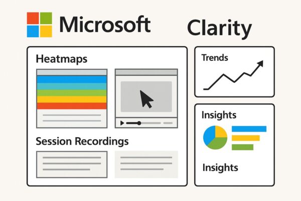 Screenshot illustration of Microsoft Clarity dashboard showing heatmaps, session recordings, and analytics insights for website optimization.