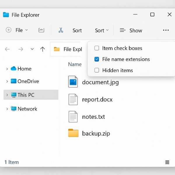 How to Show File Extensions in File Explorer (Beginner-Friendly) 1 Windows 11 File Explorer window with file extensions visible, showing files like document.jpg, report.docx, notes.txt, and backup.zip.