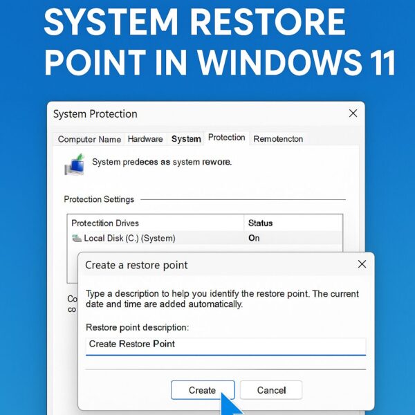 Windows 11 System Protection settings showing the “Create restore point” option