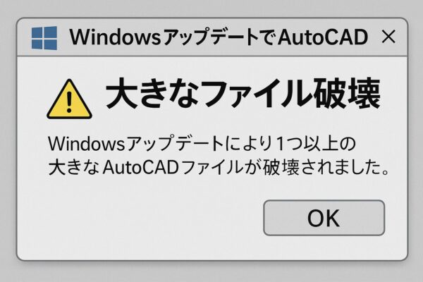 AutoCADユーザーにWindows Updateトラブル報告。大規模ではないが“ファイル破損”の声も 2 Warning dialog box on Windows showing AutoCAD file corruption after Windows Update, with a yellow caution icon and Japanese text indicating ‘large file corruption’