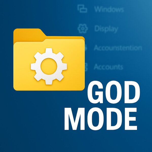 A yellow folder icon labeled ‘God Mode’ on a blue gradient background, with large white text ‘GOD MODE’ and blurred Windows icons — representing a hidden Windows feature for accessing all system settings.