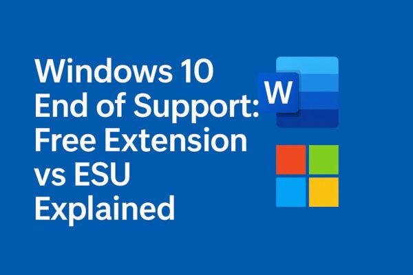 Windows 10 End of Support banner showing Microsoft Word and Microsoft 365 logos with the text “Windows 10 End of Support: Free Extension vs ESU Explained” on a blue background.