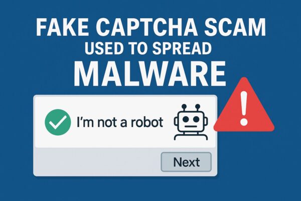 A cybersecurity illustration showing a fake ‘I’m not a robot’ CAPTCHA with a red warning icon and the text ‘Fake CAPTCHA scam used to spread malware’ on a blue background.