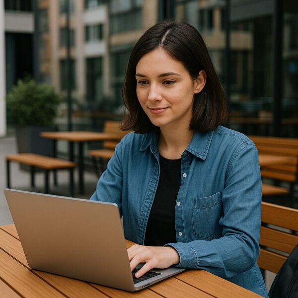 外出先でも安心!お出かけ中に役立つWindows活用術 3 カフェや屋外でノートPCを使う女性のイメージ。外出先でWindowsを安全に活用するシーンを表現