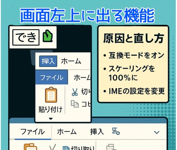 Windowsの日本語入力が画面左上に表示される現象と原因・直し方を解説する図解
