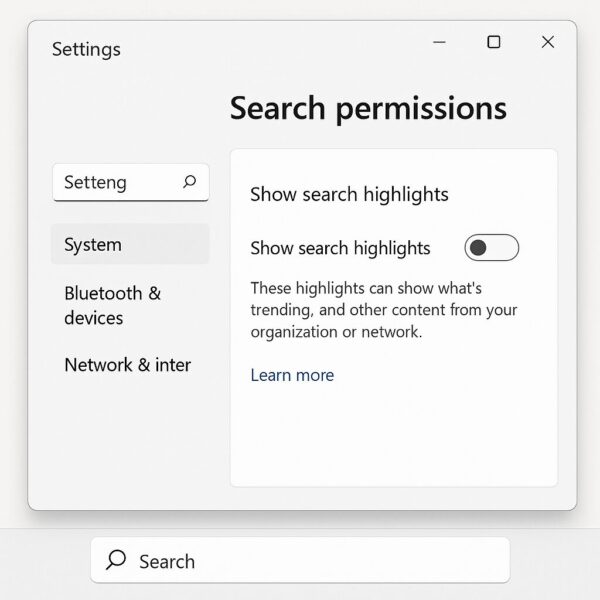 Windows settings screen showing the option to disable Search Highlights (Trending Searches) in the taskbar search bar