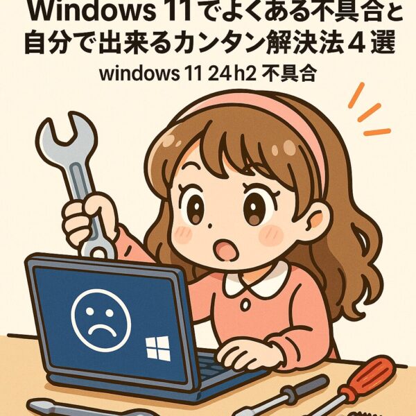 かわいい女の子がノートパソコンの不具合を直そうと、スパナを手に頑張っているイラスト。PC画面には悲しい顔のエラーアイコンが表示され、周囲にドライバーなどの工具が置かれている。