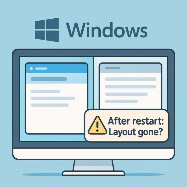 Illustration showing a Windows PC screen with two split windows and a pop-up note saying “Layout not saved after restart” in a beginner-friendly style.