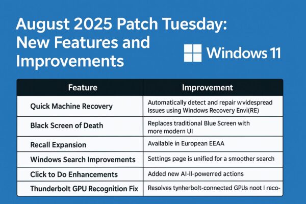 Windows 11 August 2025 update highlights including new features like Quick Machine Recovery and black screen of death, displayed on a clean blue layout.