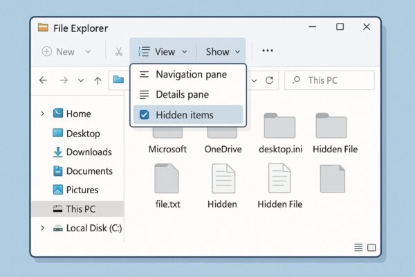Illustration showing Windows 11 File Explorer with hidden files and folders visible, demonstrating how to enable “Hidden items” view.