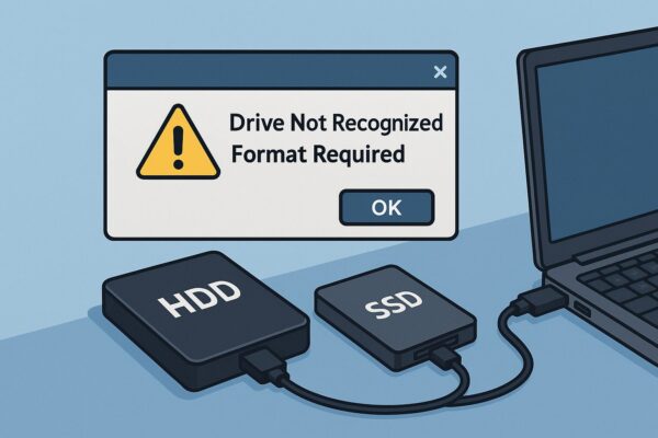 ALT: Illustration of an external hard drive and SSD connected to a Windows laptop, with an error pop-up saying “Drive Not Recognized / Format Required,” highlighting beginner troubleshooting.