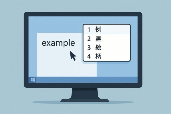 Illustration showing IME conversion candidate window floating away from the text cursor on a Windows PC screen. Designed to explain issues where prediction candidates appear in the wrong position or remain visible.