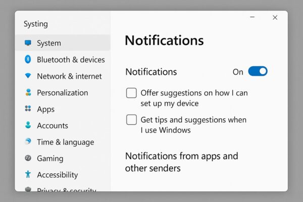 Windows settings screen showing notification preferences and options to turn off tips, ads, and recommendations